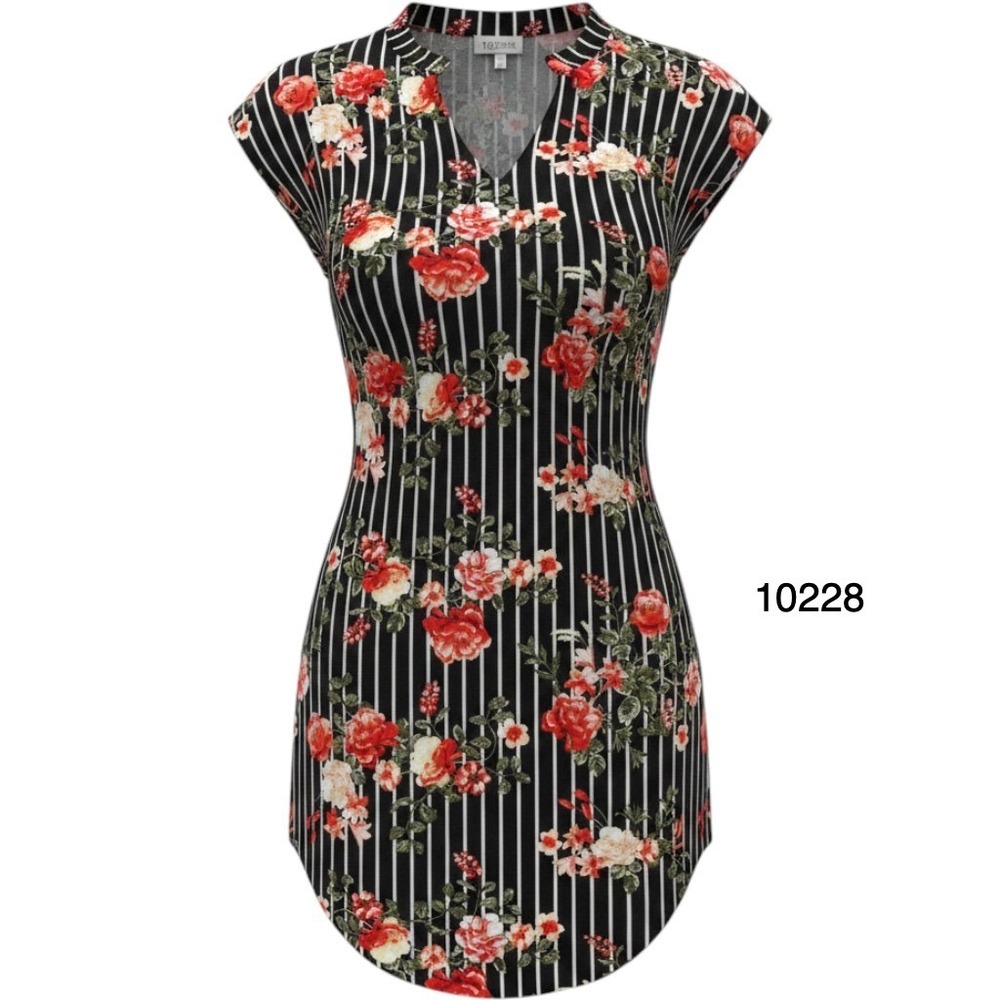 Bobbie Brooks Shift Dress Women Small Black Red Striped Floral Curved Hem V Neck